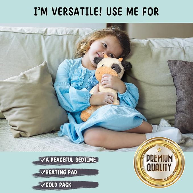 Cow Microwavable & Weighted Stuffed Animals - 1.5 Lbs Unscented Heating Pad for Period Cramps Pain Relief and Anxiety, Cute Black Cow Plush Toys Gifts for Women Girls Adults and Kids by Happy Fuel