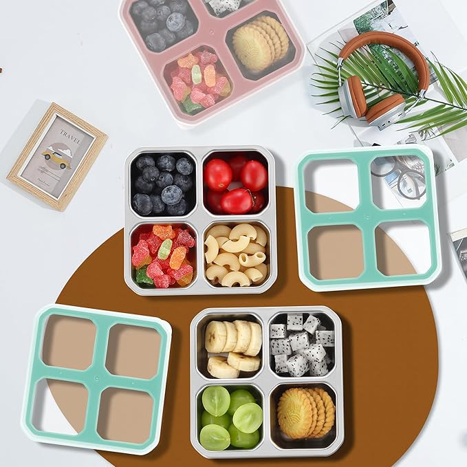 BEFOY 4 Pack Stainless Steel Snack Containers with Lids 4 Compartment Food Storage Containers for Adults & Kids Meal Prep Containers Reusablele (BLUE, 4)