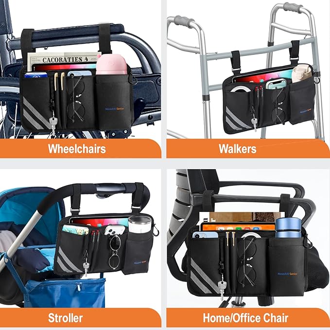 Wheelchair Side Bag with Cup Holder, Universal Armrest Organizer with Reflective Strips & Mesh Pockets, Water-Resistant Storage for Wheelchairs, Walkers, Rollators & Strollers (Black)