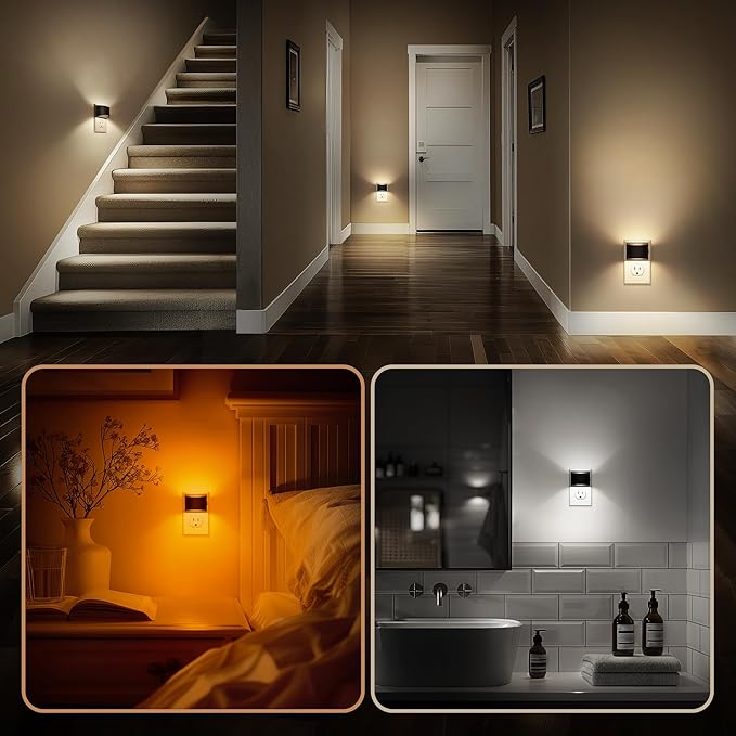DORESshop LED Night Light[4 Pack], Night Lights Plug into Wall, Plug in Night Light with 3 Color Temperatures, Dusk to Dawn Sensor, Nightlights for Adults, Bedroom, Bathroom, Hallway, Black