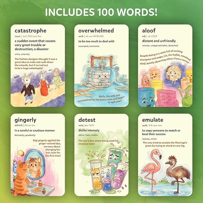 Skillmatics Vocabulary Flash Cards for Kids - Learn 100 Words with Wordplay, Visuals, & Soundplay, Educational Gift for Ages 8, 9, 10 & Up, Screen-Free Language Game