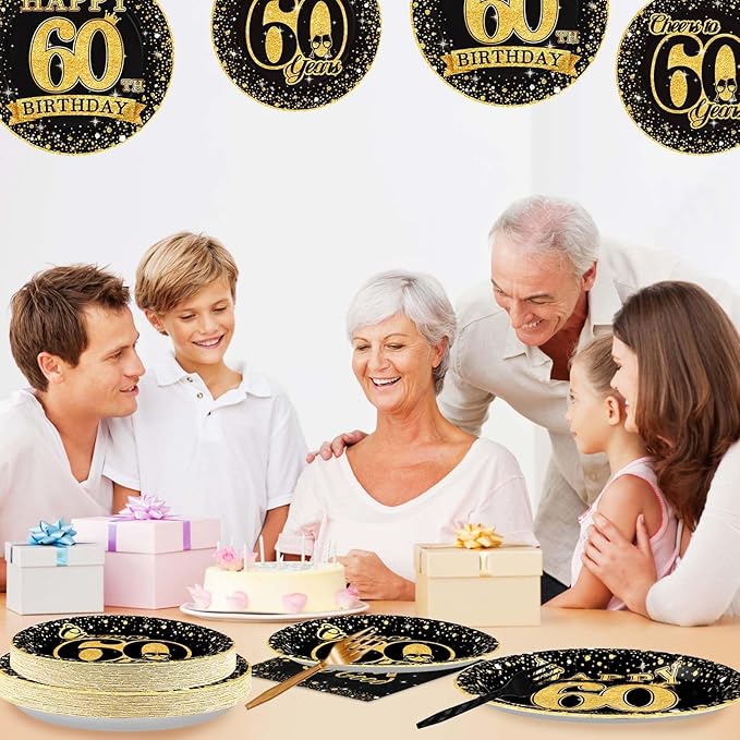 Grencian 96Pcs 60th Birthday Party Decorations Vintage 1966 Birthday Plates and Napkins Black and Gold Tabeware Sets Cheers to 60 Years Decorations for Mens Womens 60 Year Old Party Supplies Serves 24