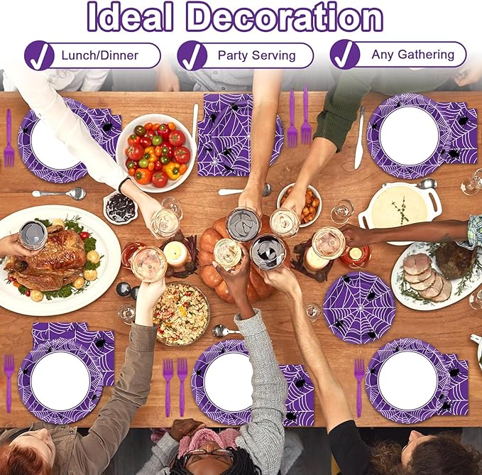 Qyeahkj 100 Pcs Halloween Birthday Party Supplies Paper Plates and Napkins Set Disposable Spider Web Tableware Decorations for Halloween Theme Baby Shower Serves 25