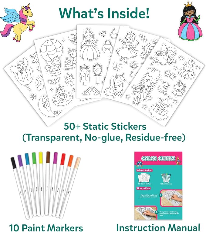 Skillmatics Cling Art – Color Clingz Unicorns & Princesses, 50+ Reusable Static Stickers, Mess-Free Fun for Kids, DIY Craft Kits & Supplies, Travel Toys, Creative Gifts for Kids Ages 3, 4, 5, 6, 7