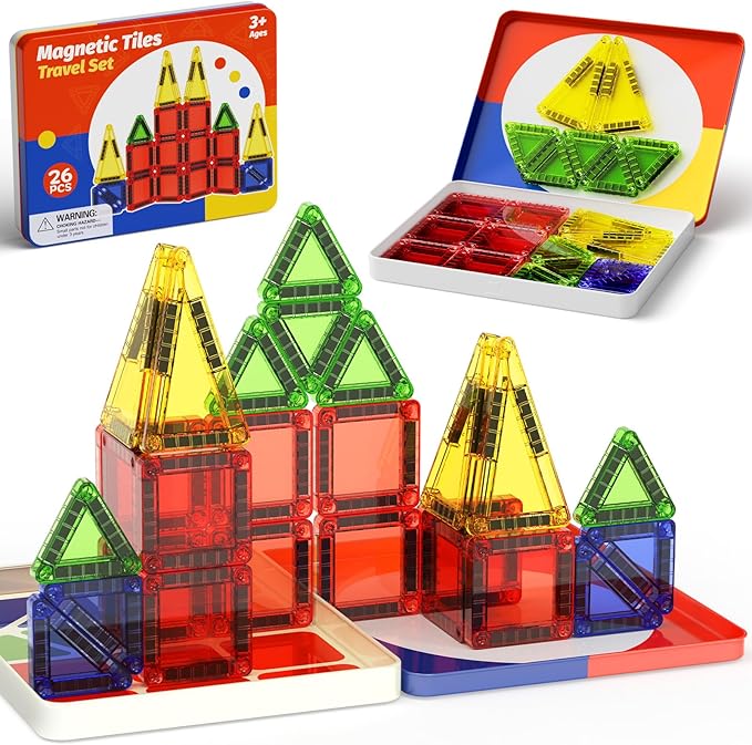 WMXDU Mini Magnetic Tiles with Iron Case, Magnetic Building Toys Kid's Travel Essential Portable Creativity On-The-Go Magnet Blocks STEM Travel Toys for Toddler Boys Girls Ages 3+, 26-Piece