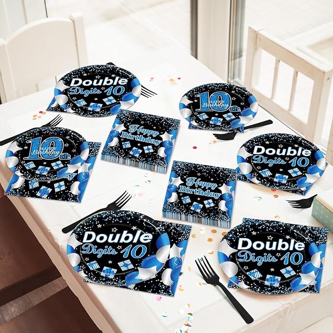 Qyeahkj 100 Pcs 10th Birthday Decorations for Boys Official Teen 10th Supplies Plate Napkin Forks Set Disposable Blue 10th Birthday Tableware Paper Plates Dinnerware for Kids Teenager Favors Serve 25