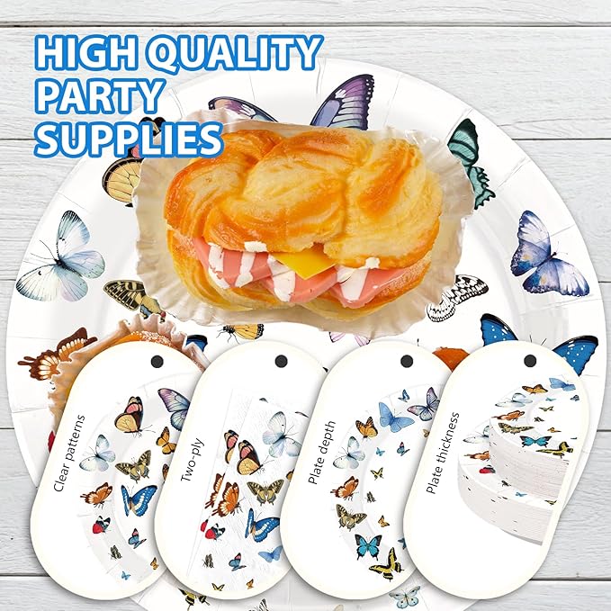 168Pcs Butterfly Paper Plates and Napkins Butterfly Party Plates Disposable Fancy Butterflies Decorations for Girls Spring Bridal Shower Wedding Picnic Holiday Birthday Party Supplies Serves 24