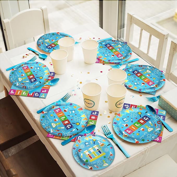 96 Pcs Science Party Plates Napkins Tableware Set Mad scientist Supplies Disposable Dinnerware Little Scientist Decoration Favors for Kids, 24 Guests