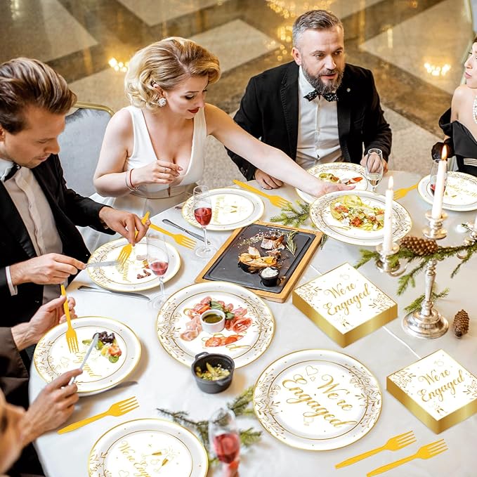 Justforjoyful 96Pcs Happy Engagement Party Supplies Engagement Paper Plates Napkins We're Engaged Party Tableware Set We're Engaged Dinnerware for Wedding Birthday Bridal Shower Decoration Serve 24