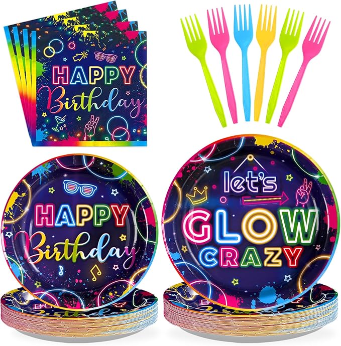 Grencian 96Pcs Neon Party Supplies Let's Glow Party Decorations Glow In The Dark Colorful Plates and Napkins Tableware Neon Birthday Decorations for Baby Shower Game Black Night Themed Favors Serve 24