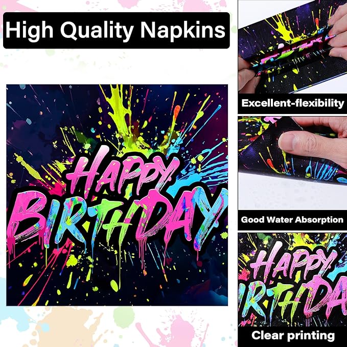 Qyeahkj 100 Pcs Neon Birthday Party Supplies Colorful Graffiti Paper Plates and Napkins Set Disposable Glow Neon Happy Birthday Tableware Decorations for Party Favors Serves 25