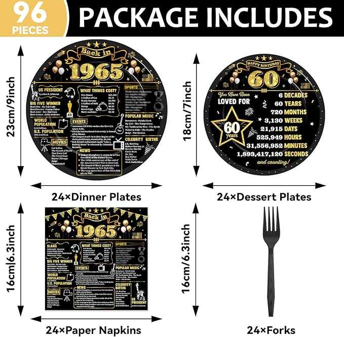 CHUNNIN 96Pcs 60th Birthday Plates and Napkins Back in 1965 Party Decorations Black Gold 60 Year Old Party Dessert Plates 1965 Tableware for 24 Guests 60th Theme Men Woman Birthday Supplies