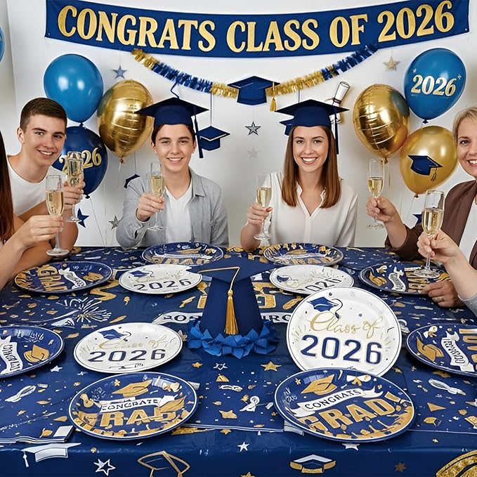 Graduation Plates and Napkins 2026,97Pcs Blue Disposable Grad Plates Class of 2026 Dessert Plates Napkins,Tablecloth,Forks,Graduation Decorations for Congrats Grad Party,Serve 24