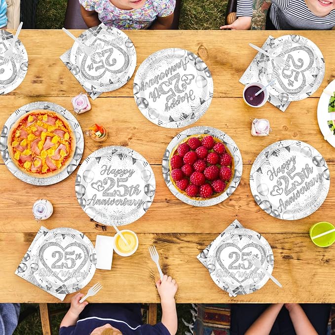Grencian 96Pcs 25th Wedding Anniversary Decorations Cheer to 25 Years Party Plates and Napkins Silver Glitter Tableware for Couple Husband Wife Silver Wedding Anniversary Decorations Serves 24