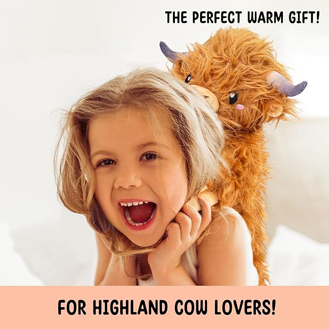 Brown Highland Cow Microwavable & Weighted Stuffed Animals - Unscented Heatable Plush Doll, Cute Cow Plush Toys Gifts for Girls Boys and Kids, Happy Fuel