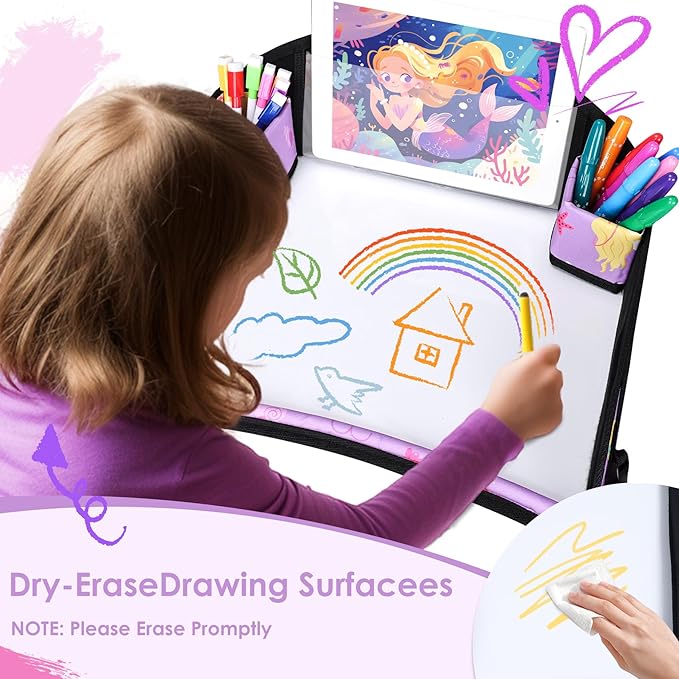 Kids Travel Tray for Car Airplane - Toddler Car Seat Table Tray, Road Trip Essentials for Boys & Girls, Carseat Lap Desk for Kids Road Trip Activities (Purple Mermaid)