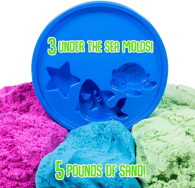 SLIMYSAND Bucket - 5 Pounds of Slimy Sand in 3 Colors (Blue, Green, Purple) - Cotton Candy Sand Play Set with 3 Molds and Reusable Bucket for Storage - Super Stretchy & Moldable Cloud Slime