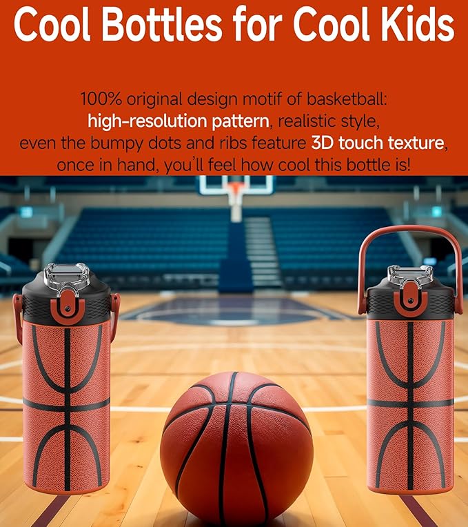 MYFOREST 14oz/400ml Insulated Kids Water Bottle, Odor-Free Surgical Grade Liner, Dishwasher-Safe, Name Spot, Soft Sipper, Gift for Sports Fan (Basketball)