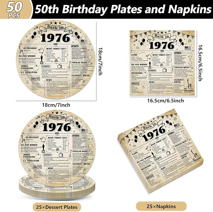 CHUNNIN 50pcs 50th Birthday Plates and Napkins 50th Birthday Party Decorations Vintage Back in 1976 Dessert Plates Vintage 1976 50th Theme Disposable Dinnerware for Men Women Party Supplies