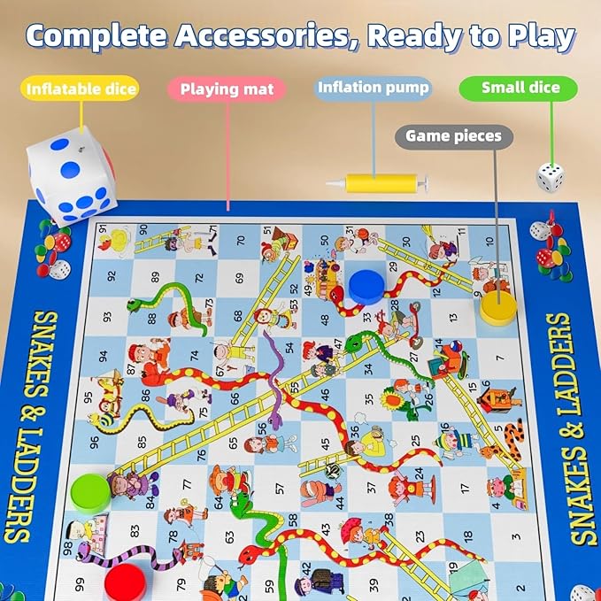 Giant Snakes and Ladders Floor Game for Kids - 5.8 ft Extra-Large Indoor Outdoor Mat with Game Pieces & Inflatable Dice, Family Night Board Game Set, Birthday Toy for 3+ Year Old Boys and Girls