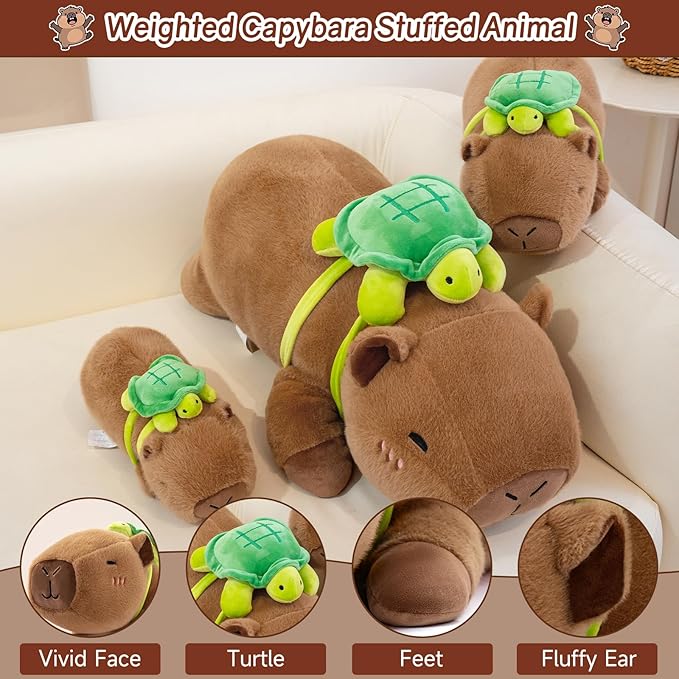 SQEQE Weighted Stuffed Animals Capybara Plush, Weighted Capybara Stuffed Animals with Turtle Backpack, Soft Pillow Toy for Kids Adults, Valentines Gifts, Birthday Presents 13.8 Inch, 1.7 Lbs