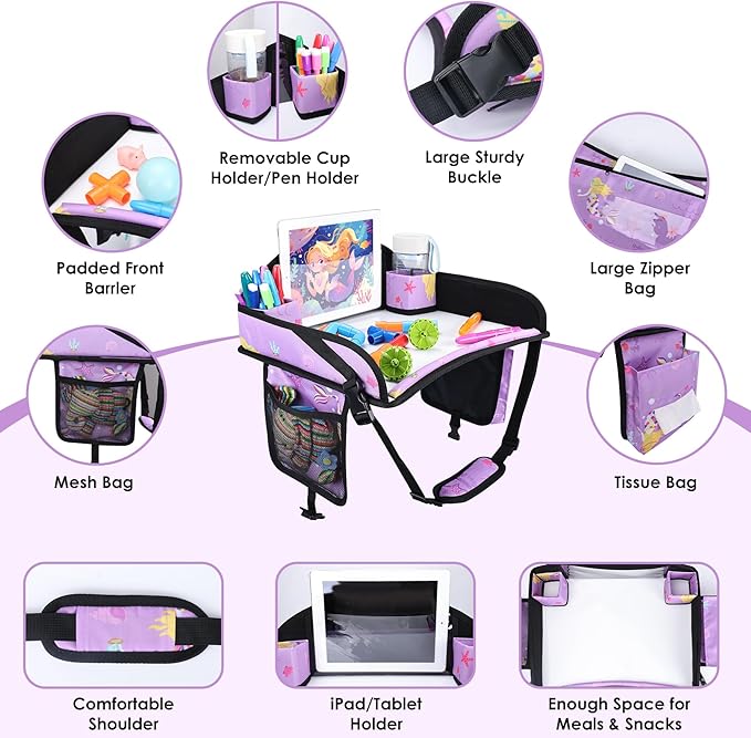 Kids Travel Tray for Car Airplane - Toddler Car Seat Table Tray, Road Trip Essentials for Boys & Girls, Carseat Lap Desk for Kids Road Trip Activities (Purple Mermaid)