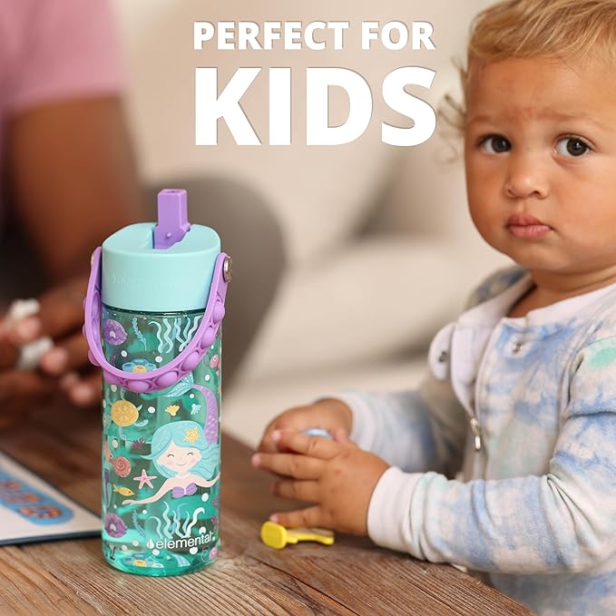 Elemental Leak Proof Water Bottles for Kids - Splash Kids Water Bottle for School with Pop-it Handle - Tritan Plastic Water Bottle with Straw - Mermaid & Rose - 18oz (2 Pack)