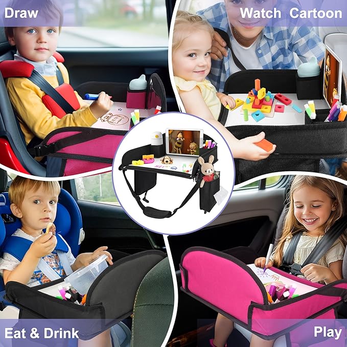 3Pcs ‎Kids Travel Tray, Kids Travel Trays for Car Seat, Road Trip Essentials for Toddler, Carseat Lap Tray with Dry Erase Board & Storage Organizer for Road Trip Activities for Kid, 2Black+1Pink