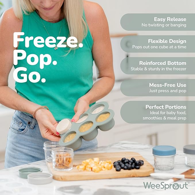 WeeSprout Silicone Freezer Tray with Clip on Lid Perfect Food Storage Container for Homemade Baby Food, Vegetable, Fruit Purees, and Breast Milk (Bright Green, Six 3 Ounce Sections)