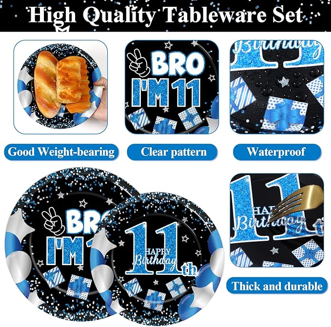 Qyeahkj 100 Pcs 11th Birthday Decorations for Boys Official Teen Supplies Plate Napkin Forks Set Disposable Blue 11th Birthday Tableware Paper Plates Dinnerware for Kids Teenager Favors Serve 25