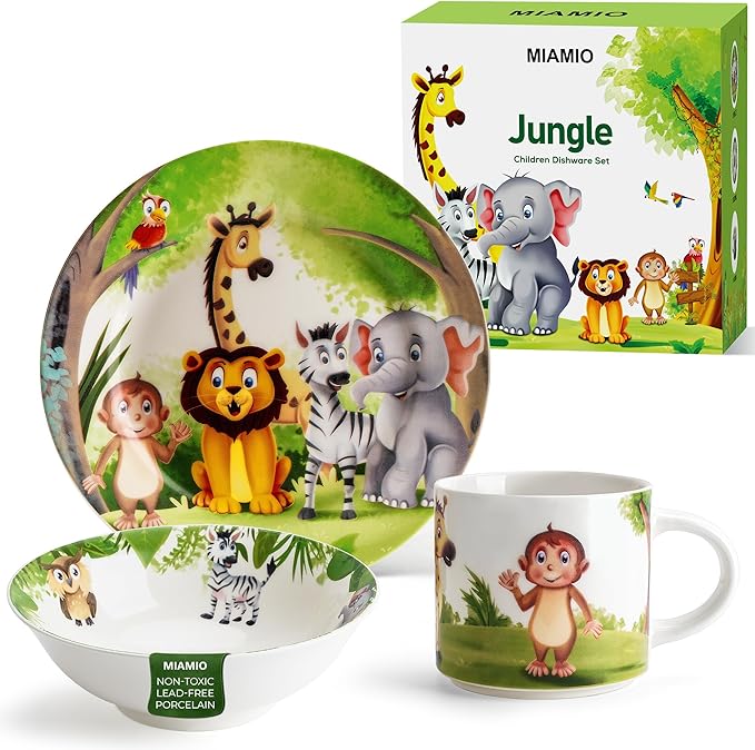 MIAMIO Kids' Jungle Dinnerware Set - 3 Pieces, Ceramic, Includes Plate, Bowl, and Cup
