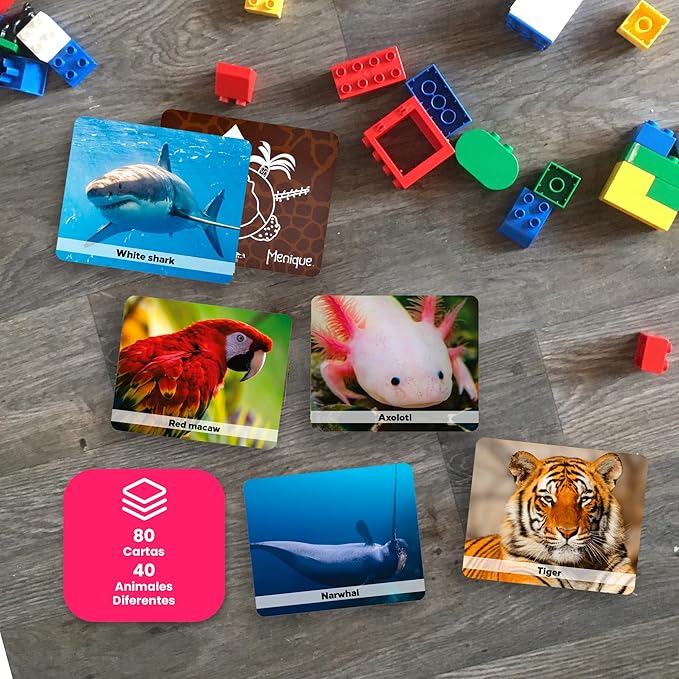Menique Wild Animals Memory Matching Game – 80 Cards (40 Pairs) with Real Photos – Includes Educational Booklet with Animal Facts – Fun & Cognitive Game for Kids and Adults