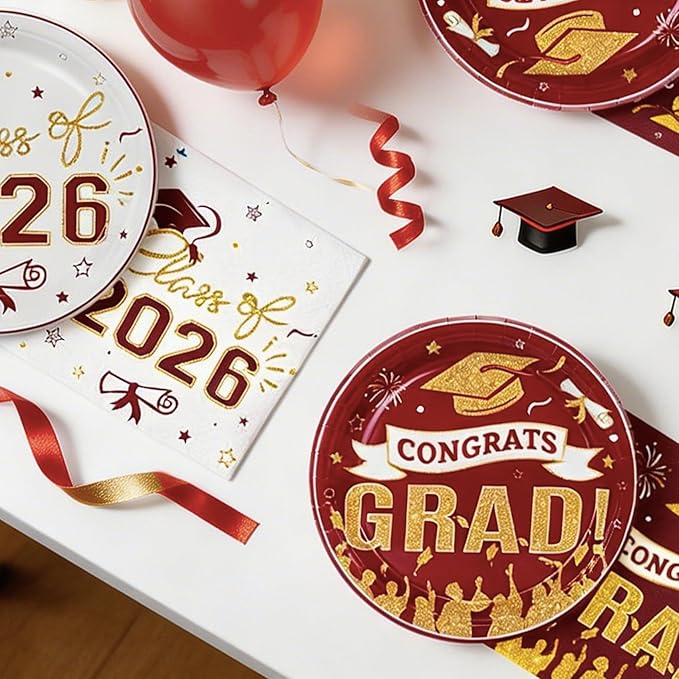 Graduation Plates and Napkins 2026,97Pcs Maroon Disposable Grad Plates Class of 2026 Dessert Plates Napkins,Tablecloth,Forks,Graduation Decorations for Congrats Grad Party,Serve 24
