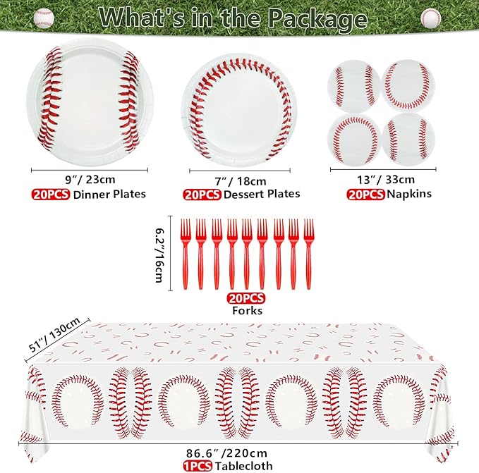 Baseball Party Supplies - 20-81Pcs Plates, Napkins, Tablecloth, Forks Set for Kids and Baseball Fans - Theme Party Decorations