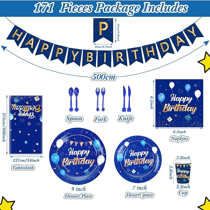 Pajean Blue Happy Birthday Party Tableware Set Birthday Decoration Banner and Tablecloths Decoration Plates Cups Napkins Dinnerware for 24 Guests Party Supplies(Blue and Gold)