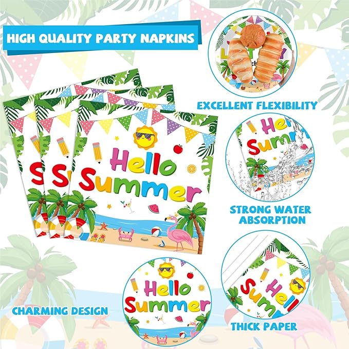 96 Pcs Happy Last Day of School Paper Party Plates and Napkins for Summer Tropical Beach Pool Supplies Summer End of School Year Dessert Tableware Set for 24 Guests Birthday Party Decorations