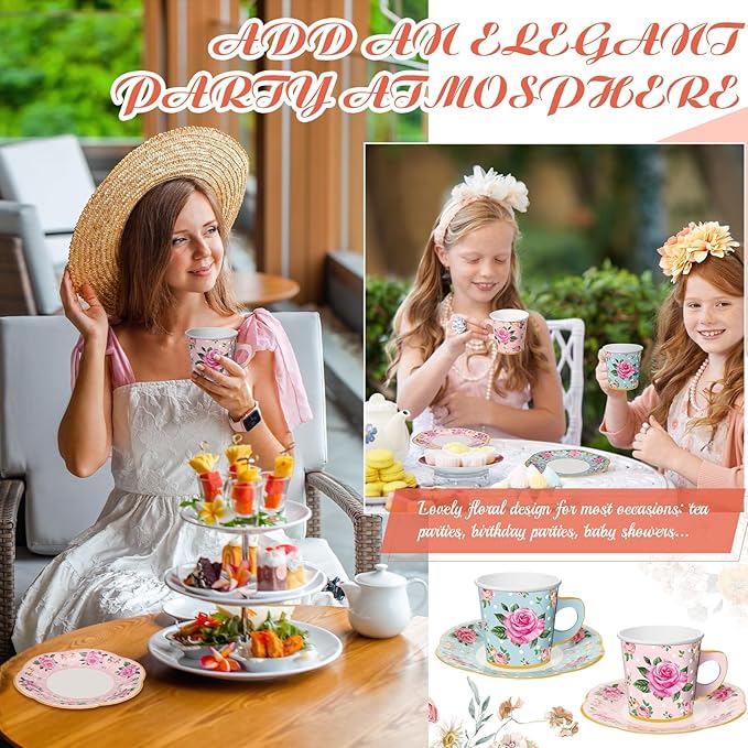 Umigy 36 Sets Mother's Day Tea Party Decorations 6.5 oz Floral Paper Teacups & Saucer Set for Girls Women Tea Parties Mothers Day Bridal Shower Wedding Birthday Party Decorations(Blue Pink)