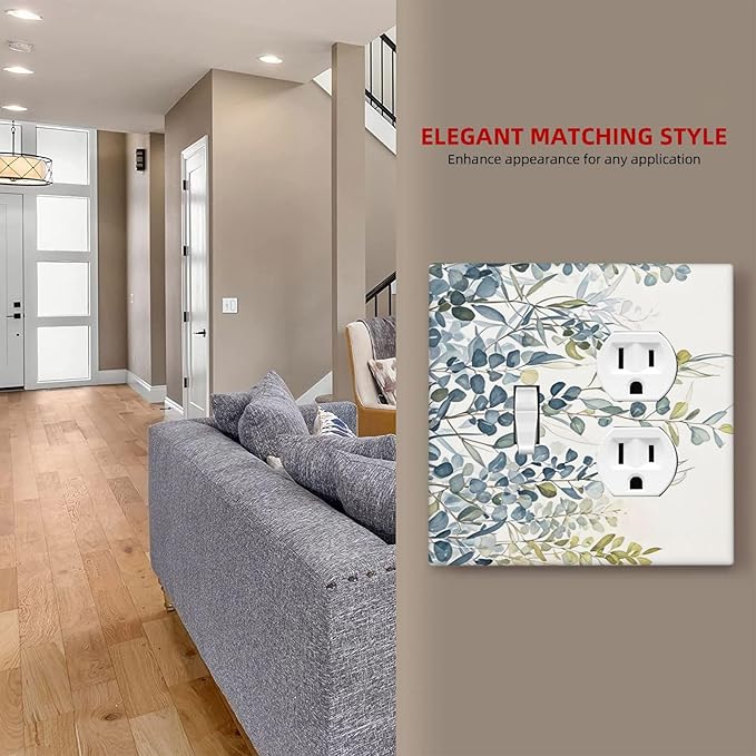 Decorative Switch Cover Plate with Green & Blue Watercolor Eucalyptus Botanical Foliage Design Toggle Duplex Wall Plate 2 Gang Light Switch Cover Outlet Covers for Contemporary Living Room