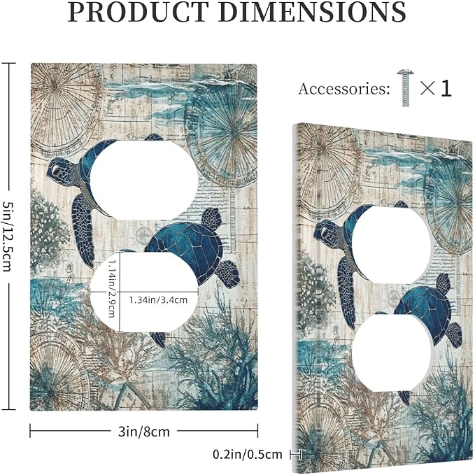 Blue Green Sea Turtle Tropical Ocean Coral Nautical Map Outlet Covers 1 Gang Duplex Light Switch Cover Decorative Switch Plates Electrical Receptacle Faceplate Wall Plate For Bed Room Bathroom Decor