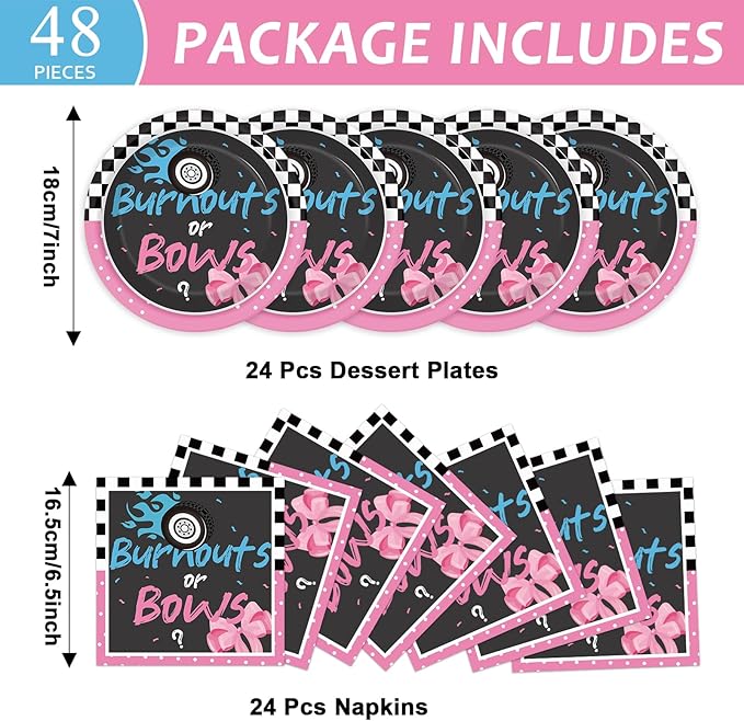 24 Guests Burnouts or Bows Gender Reveal Paper Plates Napkins Gender Reveal Party Decorations Baby Shower Party Supplies Disposable Dinner Tableware Set for Birthday Boys or Girls Serve 24