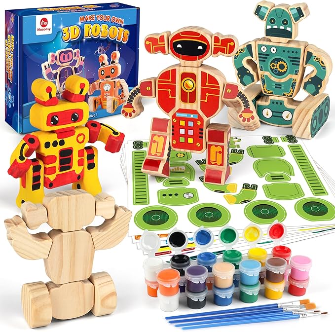 Mocoosy Wooden Robot Painting Art and Craft Kit for Kids Ages 3-5, Build & Decorate Your Own Robots with Paint & Stickers, Wood Robot STEM Game Montessoi Educational Toy Gift for Boys Girls 4-8 Years