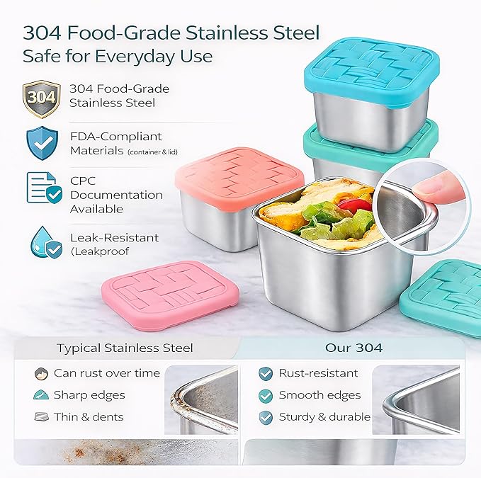 4PC 6oz Stainless Steel Snack Containers for Kids, BPA-Free Metal Toddler Snack Containers with Silicone lids, Leakproof Reusable Lunch Containers for School, Travel, Bento, Daycare