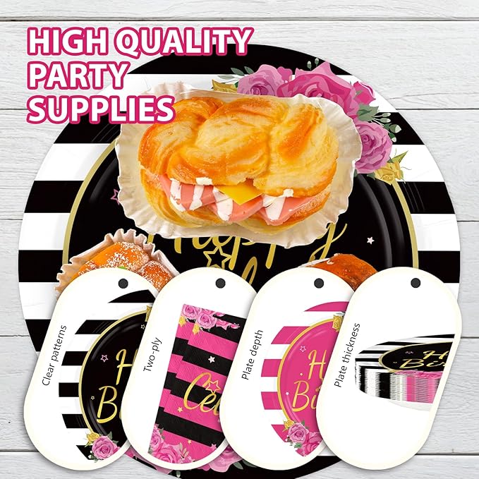 96Pcs Black and Pink Birthday Party Supplies Happy Birthday Plates and Napkins Hot Pink Rose Black White Stripe Tableware Set for Girls Women Couple Birthdays Party Supplies Serves 24