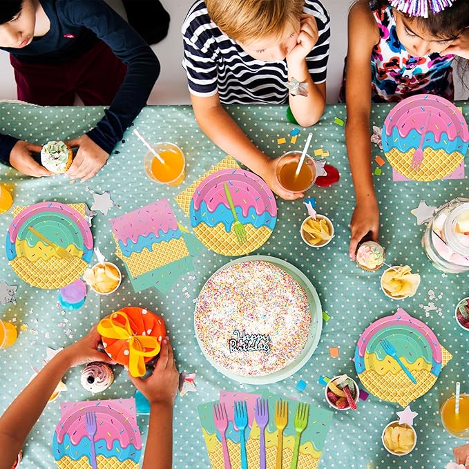 100 Pcs Ice Cream Cone Party Supplies Set, Serves 25 – Disposable Paper Plates, Napkins, and Colorful Forks, Ice Cream Themed Tableware for Kids Birthday, Summer, Sweet Shop, Dessert Party Decorations