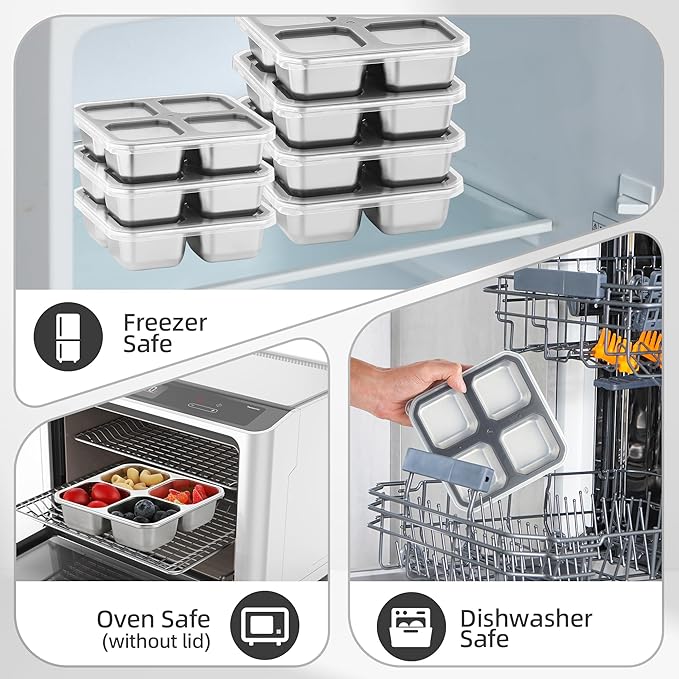 BEFOY 4 Pack Stainless Steel Snack Containers with Lids 4 Compartment Food Storage Containers for Adults & Kids Meal Prep Containers Reusablele (Gray, 4)