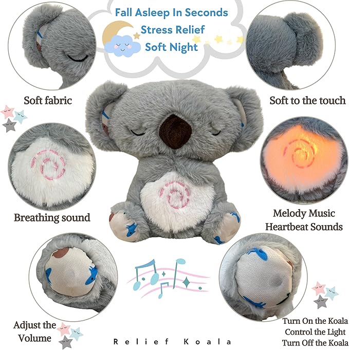 Anxiety Relief Koala, Breathing Teddy Bear with Calming Music, Lights, Sleeping Otter Plush, Soothing Koala for Adults & Kids, Stress Relief Stuffed Animal (3-Level Adjustable Volume)