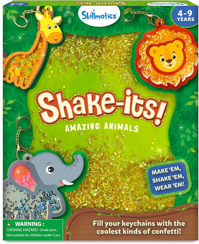 Skillmatics Shake-its – Glitter Craft Kit for Kids, DIY Animal Arts & Crafts with Keychains, Mess-Free Activity, Travel Toy, Birthday Gift for Girls & Boys Ages 4, 5, 6, 7, 8, 9