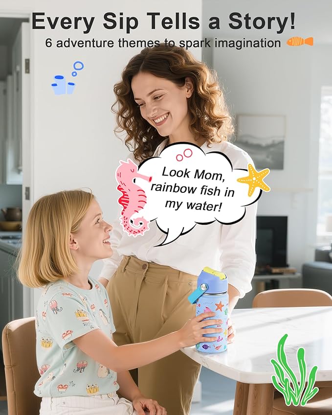 Kids Water Bottle 14oz with Silicone Straw Lid - Insulated Toddler Water Bottle Stainless Steel Keeps Cold 24H, Leak Proof & Ocean Animal Prints Design | Custom Name Tag for School, Daycare, Travel