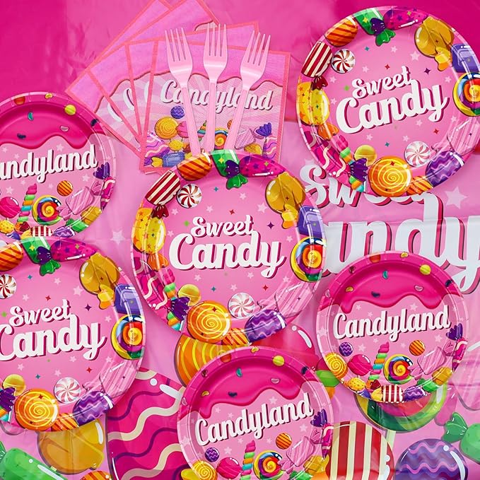 Candyland Party Decorations - 81Pcs Plates, Napkins, Candy Tablecloth, Pink Forks Set for Lollipop Theme Birthday Party Decorations Candy Theme Party Supplies, Serve 20