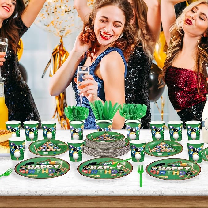 168Pcs Billiards Birthday Party Decorations Snooker Ball Sports Themed Plates Napkins Cups Forks Knives Spoons Disposable Paper Tableware for Billiards Theme Sports Party Supplies Serves 24